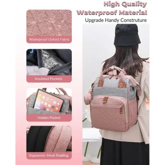 Itopfox Waterproof 3-in-1 Baby Diaper Backpack with Foldable Changing Pad, Large Capacity, USB Port, Pink-Grey image {2}