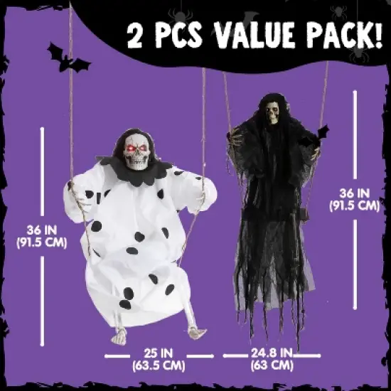 Joyfy 2 Packs 3ft Halloween Hanging Ghosts Outdoor Decor, Scary Grim Reaper Swinging Flying Skeleton with Lighted Up Eyes for Yard Patio Lawn Garden image {4}