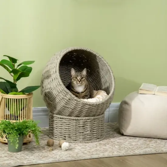 PawHut Elevated Cat Basket Bed with Cushion, Cat Egg Chair Shape, Cute Cat Condo with Stand for Indoor Cats, 20" Dia. x 23.5" H, Herbal Grey image {2}