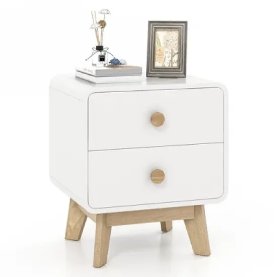 Costway 1/2 PCS Nightstand Mid Century Modern Bedside Table with 2 Drawers Solid Rubber Wood Legs White image {10}
