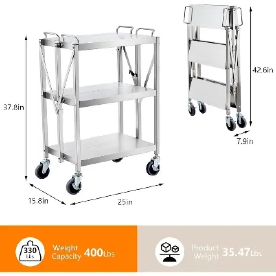 Foldable Utility Cart with Wheels 300LB Capacity Collapsible 3-Tier Rolling Tool Cart Stainless Steel for Home Garage Workshops Travel image {6}