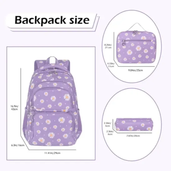 Daisy Printed Backpacks With Lunch Pack Pencil Case 3pcs, Lightweight Waterproof Bookbag For Middle School image {5}