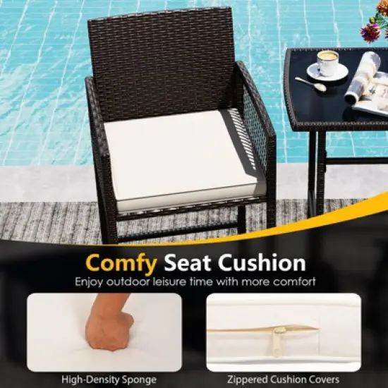 Costway 3 PCS Patio Bar Set Wicker Table & Armchairs with  2 Cushions & Glass Tabletop image {8}