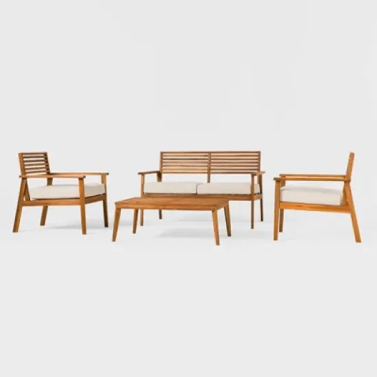 Saracina Home 4pc Mid-Century Modern Slatted Acacia Outdoor Patio Conversation Furniture Set image {3}