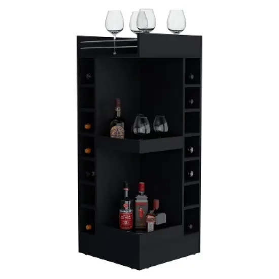 Gulches Lamer Corner Bar Cabinet Black 12 Bottle Wine Rack, Open Shelves, Scratch Resistant Surface, Compact Design image {6}
