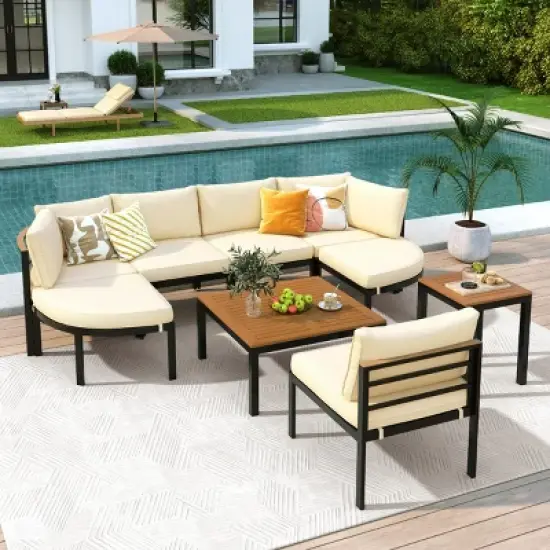 Outdoor Patio Sectional Sofa Set, Metal Outdoor Conversation Sofa Set with Coffee Table, Sofa with Iron Frame and Foam Cushions-Coolbibila image {1}