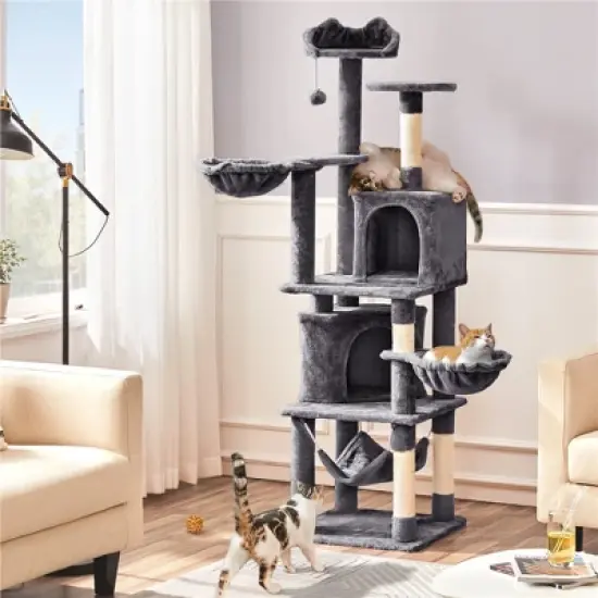 Yaheetech 69"H Large Plush Cat Tower with 2 Condos for Cats Kittens - Dark Gray image {1}