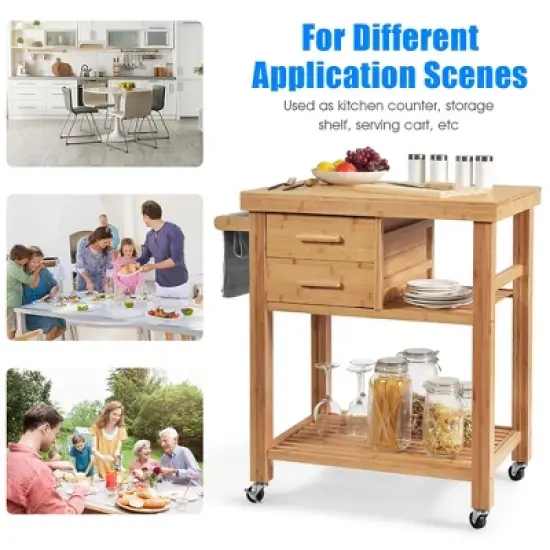 Costway Bamboo Kitchen Trolley Cart Wood Rolling Island w/ Tower Rack & Drawers image {5}