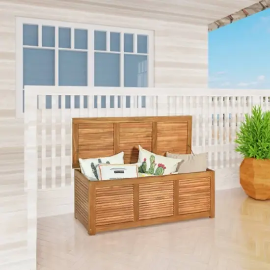 WELLFOR 47gal Outdoor Acacia Wood Storage Bench and Deck Box image {2}