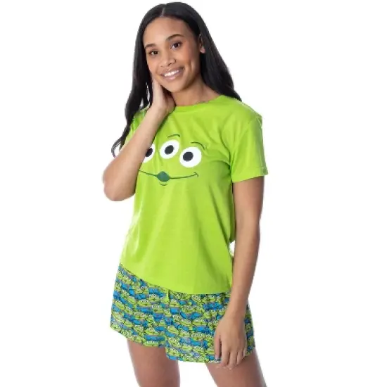 Disney Women's Toy Story Pizza Planet Aliens Shirt and Shorts Pajama Set Lime Green image {5}