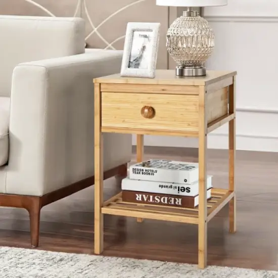 Costway Bamboo Nightstand Natural Side End Table w/Drawer for Living Room Bedroom image {2}