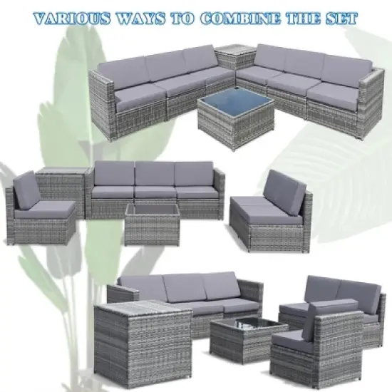 Tangkula Set of 8 Gray Rattan Wicker Sofa & Table Outdoor Cushioned Sectional Patio Furniture image {4}