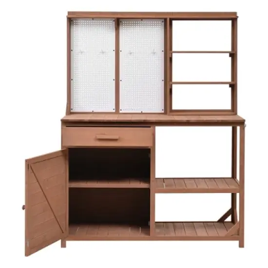 Garden Potting Bench Table Outdoor Patio Workstation with Drawer, Shelves, Cabinet, Pegboard with Hooks, Fir Wood Frame,Natural/White/Brown-ModernLuxe image {7}