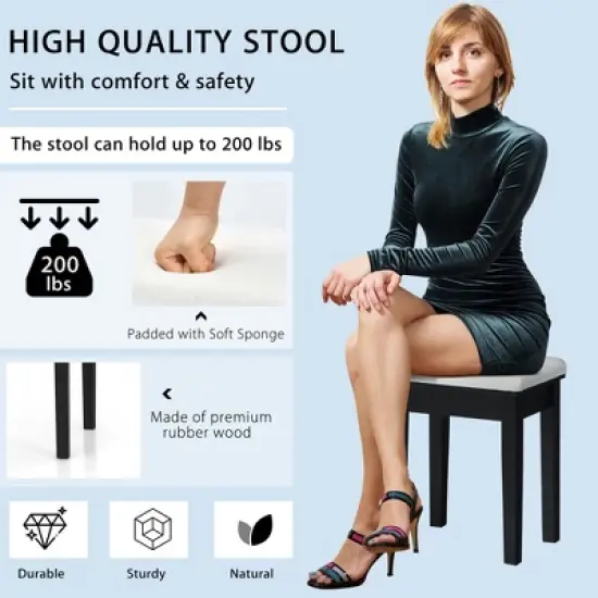 Costway Vanity Table Stool Set Large Tri-folding Lighted Mirror 6 Drawer Dresser White\Black image {7}