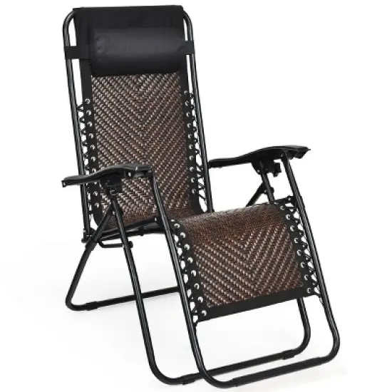 Tangkula Brown Folding Recliner Patio Rattan Zero Gravity Lounge Chair With Headrest image {7}