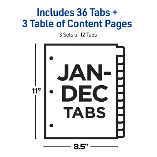 Avery Jan-Dec Dividers for 3 Ring Binders, 12 Tabs per Set, Customizable Table of Contents, Multicolor Tabs (3 Sets of 44128) image {3}