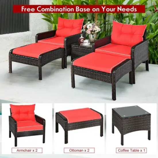 Costway 5 PCS Patio Rattan Furniture Set Sofa Ottoman Table Cushioned Yard Red image {6}