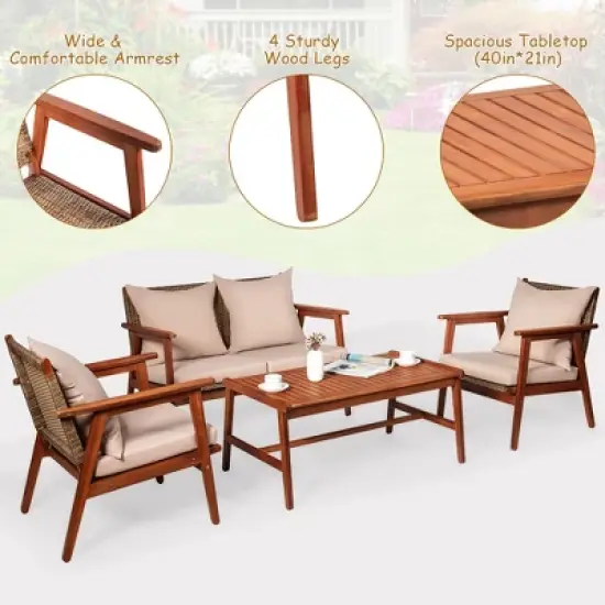 Costway 4PCS Patio Rattan Furniture Set Acacia Wood Frame Cushioned Sofa Chair Garden image {7}