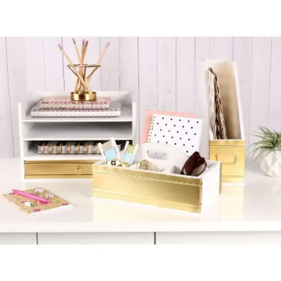 Kate and Laurel Industrious Rectangle Wood Letter Tray, 13x9x10, White and Gold image {3}