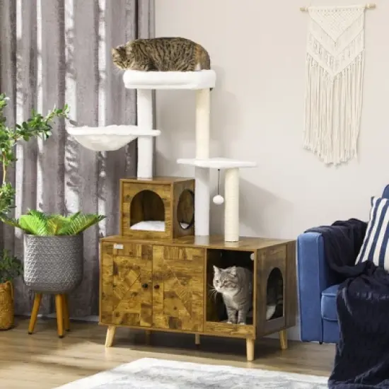 PawHut 54.25" Wooden Cat Tree with Litter Box Enclosure, Cushioned Cat Condo & Plush Platforms with Hammock, Tower & Pet Furniture, Rustic Brown image {2}