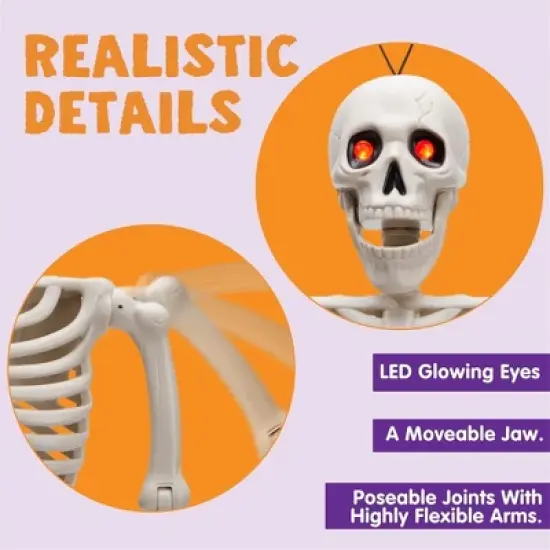 Joyfy 24'' Halloween Skeleton Decorations with LED Glowing Eyes Full Body Posable for Indoor/Outdoor Decor Spooky Scene Party Favors Graveyard Props image {1}