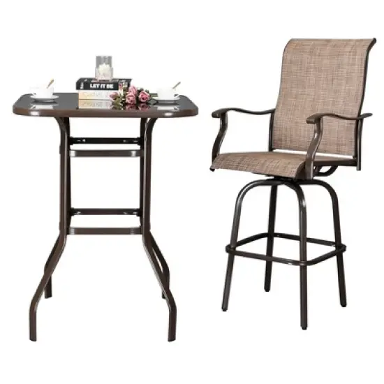 Bar Height Patio Table Bistro High Top Patio Table Outdoor Bar Table Metal Frame Tempered Glass Table image {4}