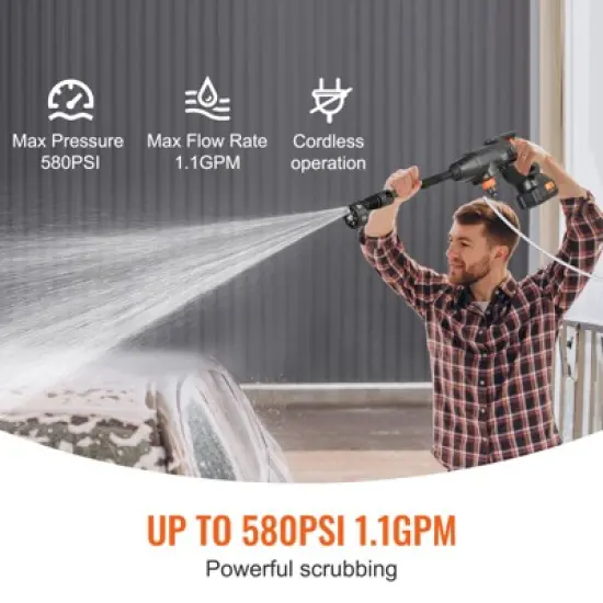 VEVOR Cordless Pressure Washer, 580-PSI 1.1 GPM Portable Power Cleaner, Handheld High-Pressure Car Washer Gun with 4.0Ah Battery, Charger, Black image {2}