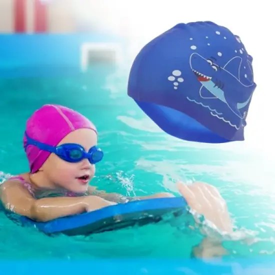 Unique Bargains Kid's Silicone Waterproof Cartoon Shark Swim Cap 1 Pc image {1}