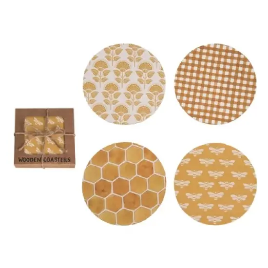 Transpac Wooden Coasters with Bees Set of 4 Spring Home Decor Natural Wood Coasters for Drinks and Table Decoration image {1}