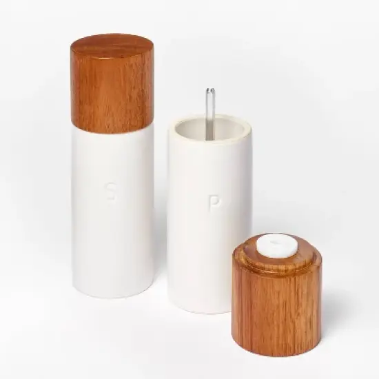 Ceramic Salt and Pepper Grinder Set Cream - Figmint&trade;: Wood & Stoneware, 6.25" Height, 55 Volume Capacity, 2-Piece Set image {3}
