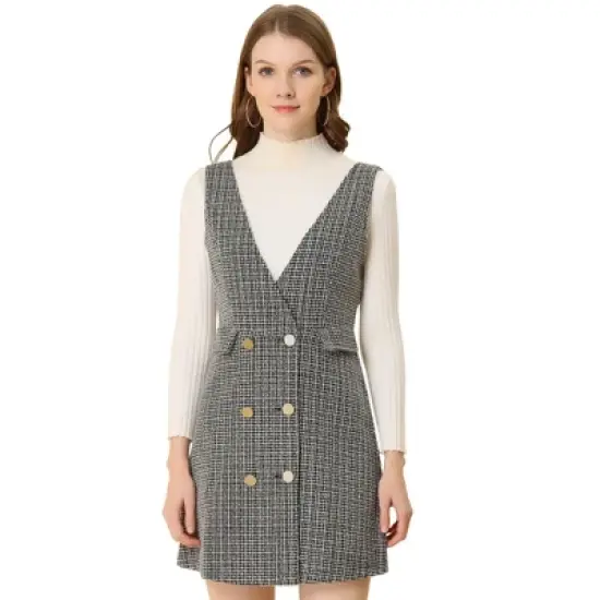 Allegra K Women's Elegant Vintage Button Front V Neck Plaid Tweed Overalls Pinafore Skirts image {6}