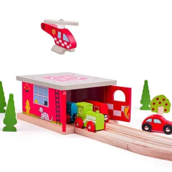 Bigjigs Rail Fire Station Shed Wooden Railway Train Set Accessory image {3}