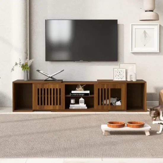 Gulches Walnut Mid-Century Modern Pet Friendly TV Stand with Extendable Table image {2}