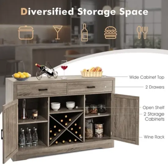 Costway Kitchen Storage Buffet Cabinet Farmhouse Wooden Sideboard w/2 Drawer & Wine Rack image {4}