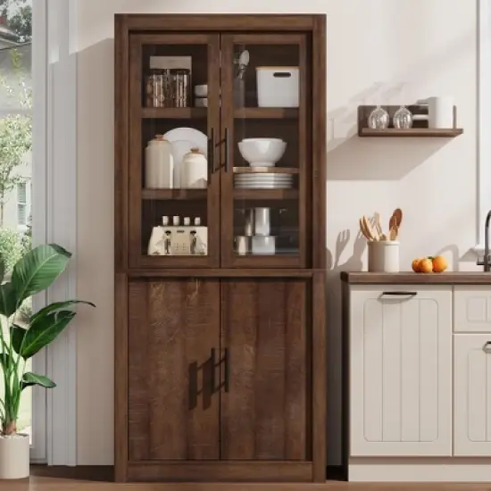 Tall Kitchen Pantry, Wood Pantry Storage Cabinet with 4 Doors & Adjustable Shelves, Farmhouse Freestanding Pantry Cupboard image {9}
