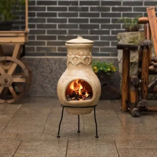 Vintiquewise Outdoor Beige Clay Chimenea Maya Design Fire Pit with Metal Stand image {1}