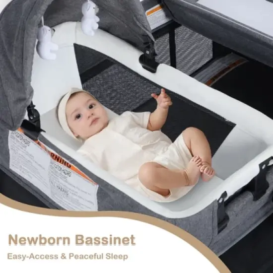 Kinder King 4-in-1 Convertible Baby Playard with Bassinet, Diaper Changer, Cradle&Bedside Sleeper, Breathable Mesh, Storage Organizer&Lockable Wheels image {3}