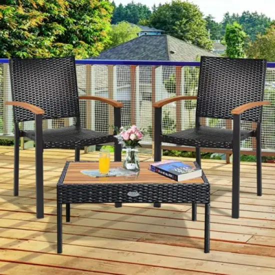 Tangkula Patio Rattan Dining Armchair 2 Set of Wicker Chair W/Steel Frame Acacia Armrests Indoor & Outdoor image {2}