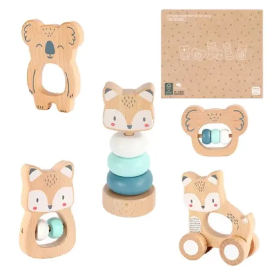 Freniland&trade; - Wooden Baby Rattle Toy Set &ndash; 5 PCS Blue Animal Themed Teether and Rattles, Natural Beech Wood Montessori Toys for 10M+ image {8}