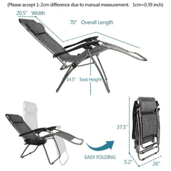 KTMBDW Set of 2 Adjustable Steel Mesh Zero Gravity Lounge Chair Recliners w/Pillows and Cup Holder Trays for Deck, Patio, Beach, Yard image {4}