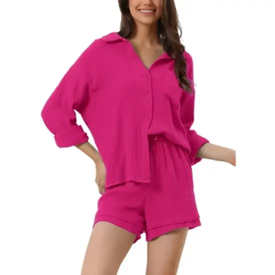 cheibear Women's Button Down Long Sleeve Sleepwear Shirt with Shorts Casual Lounge Sets image {6}