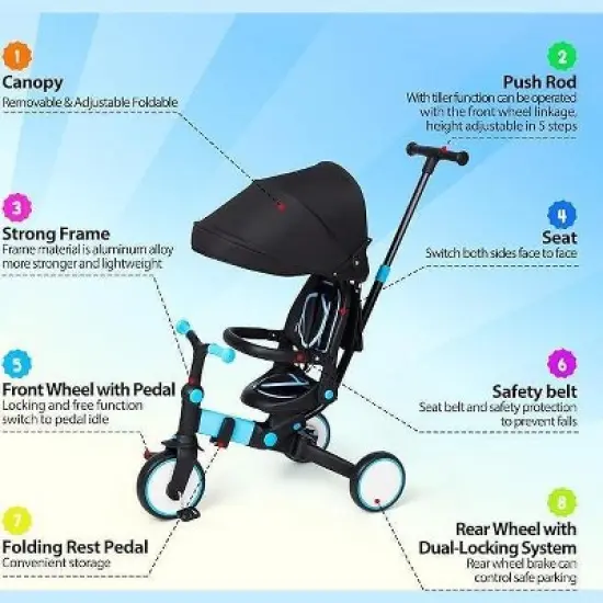 7-in-1 Toddler Tricycle for 10M-5Y, Kids Trike with Push Handle, Canopy, Safety Belt & Rotatable Seat image {6}