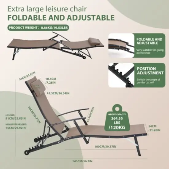 MUKE Adjustable Patio Chaise Lounge Chair with Rear Wheel, 5-Position Recliner for Pool, Beach & Garden image {1}