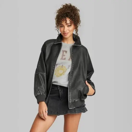 Women's Distressed Faux Leather Bomber Jacket - Wild Fable&trade; Black image {1}