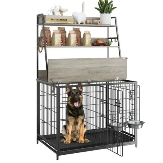 Dog Crate Furniture with Storage Shelves, Removable Tray, Double Doors Modern Dog Crate with Two Adjustable Stainless Steel Bowls image {9}