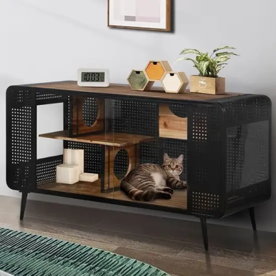 55.12" Cat House With 2 Sliding Tempered Glass Doors, Metal Spacious Pet Kennel For Living Room Hallway Study Room And Other Spaces image {1}