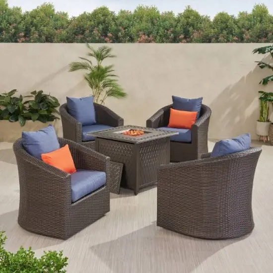 Darius 5pc Outdoor Set with 4 Wicker Swivel Chairs & Fire Pit Set - Brown/Navy/Hammered Bronze - Christopher Knight Home image {1}