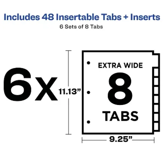 Avery Extra-Wide Big Tab Insertable Dividers for 3 Ring Binders, 8-Tab Sets, White Paper, Clear Tabs, Works With Sheet Protectors, 6 Sets (11254) image {2}