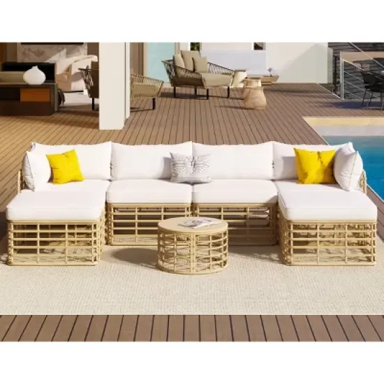 Outdoor 7-Pieces Sectional Sofa Set, All-Weather Rattan Sofa Set with Coffee Table, Freely Combined Sofa with Polyester Cushions&ndash;Cuddlewood image {2}