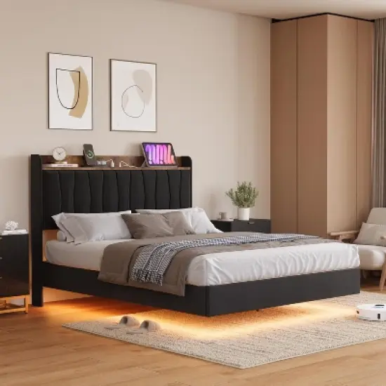 Floating Bed Frame with LED Lights & USB Charging Station &ndash; Modern Upholstered Platform Bed with Headboard, Solid Wood Slats Support image {2}